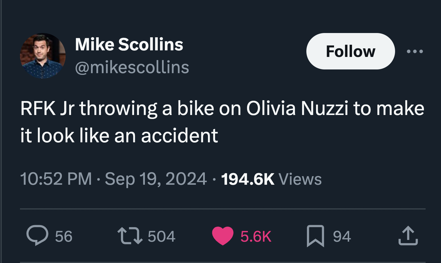 screenshot - Mike Scollins Rfk Jr throwing a bike on Olivia Nuzzi to make it look an accident Views 56 1 504 94